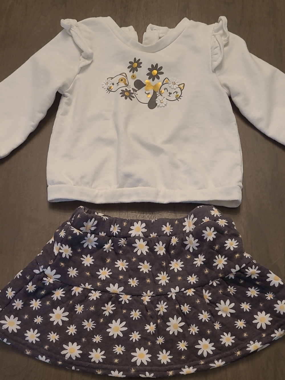 Little Lass White Top and Gray Daisy Skirt Set
